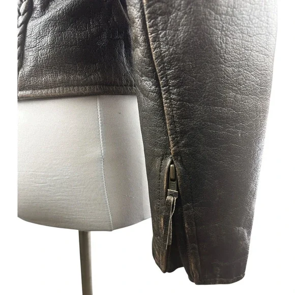 Unik Distressed Brown Leather Braided Moto Motorcycle Jacket Cross Zip Size XS - Picture 9 of 16